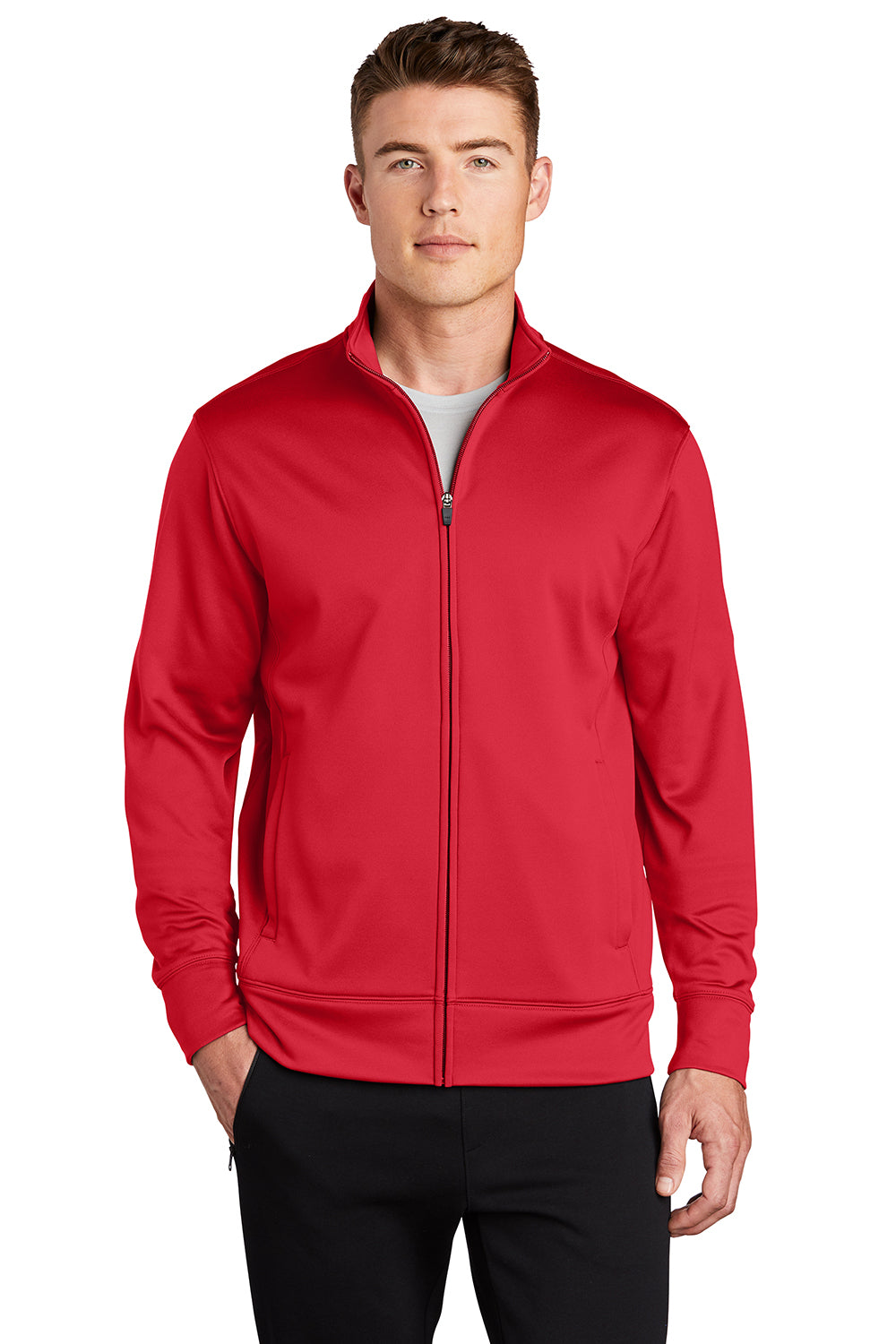 Sport-Tek ST241 Mens Sport-Wick Moisture Wicking Fleece Full Zip Sweatshirt Deep Red Model Front