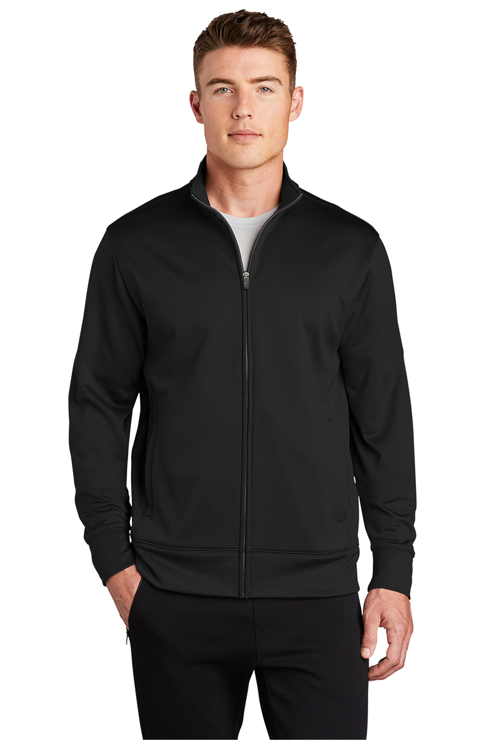 Sport-Tek ST241 Mens Sport-Wick Moisture Wicking Fleece Full Zip Sweatshirt Black Model Front