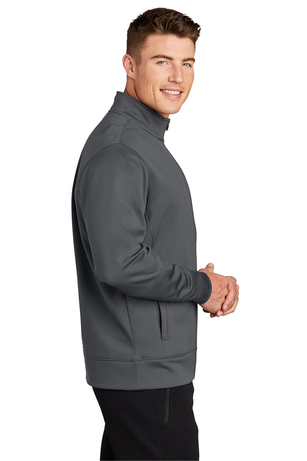 Sport-Tek ST241 Mens Sport-Wick Moisture Wicking Fleece Full Zip Sweatshirt Dark Smoke Grey Model Side