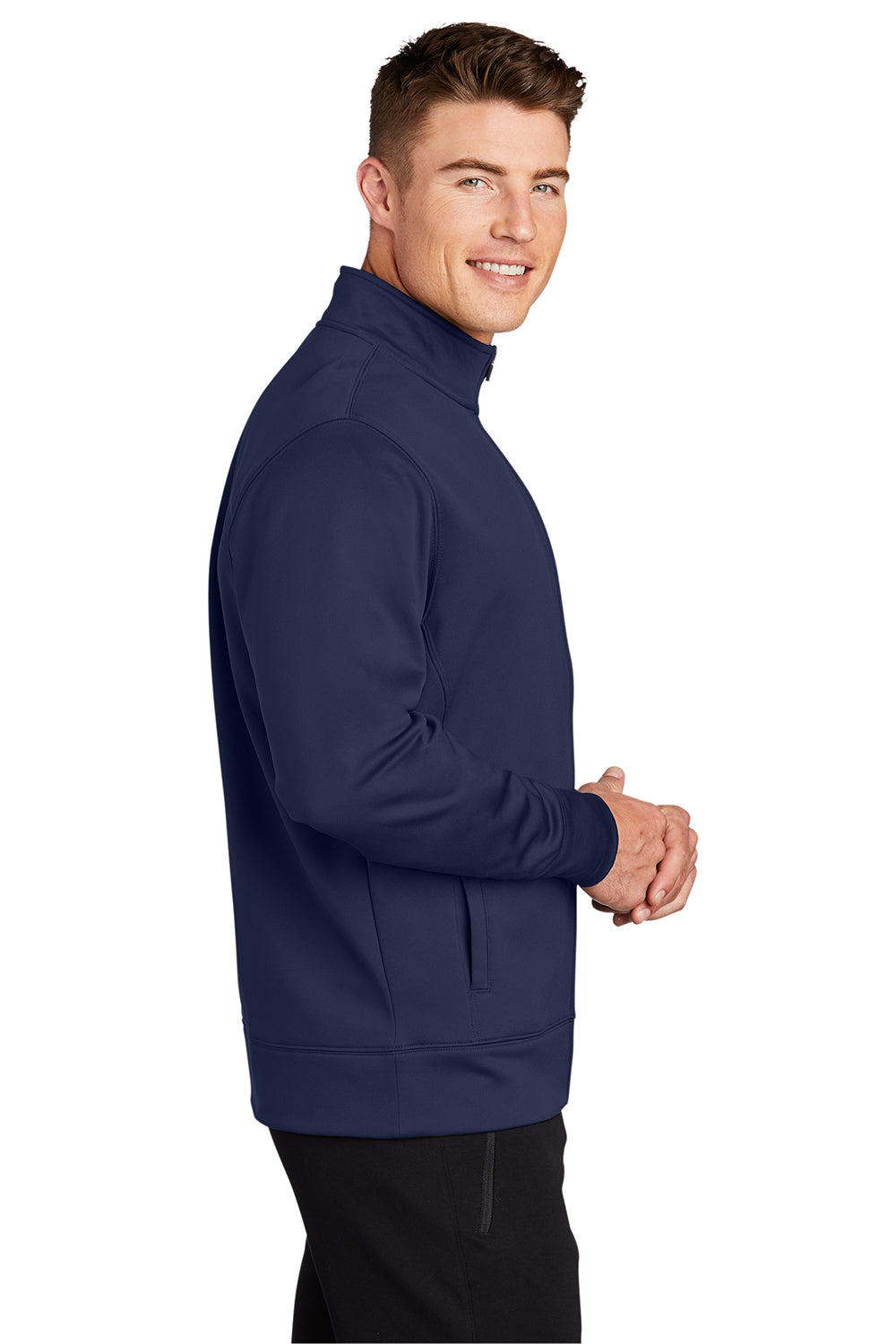 Sport-Tek ST241 Mens Sport-Wick Moisture Wicking Fleece Full Zip Sweatshirt Navy Blue Model Side