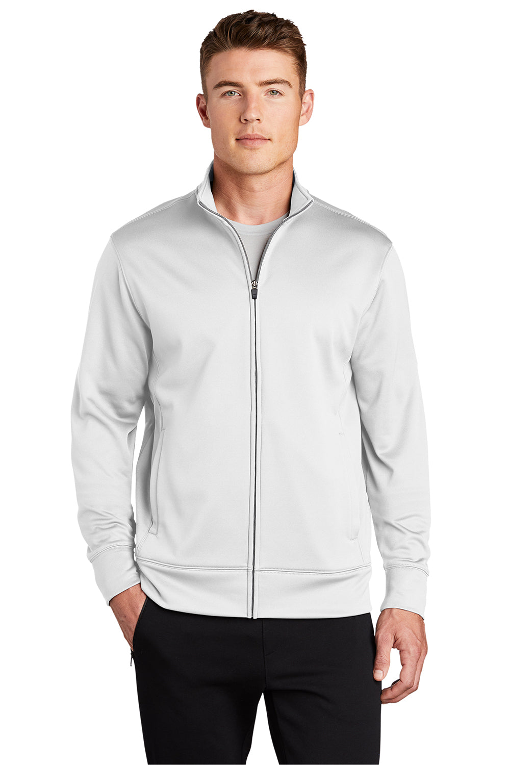 Sport-Tek ST241 Mens Sport-Wick Moisture Wicking Fleece Full Zip Sweatshirt White Model Front