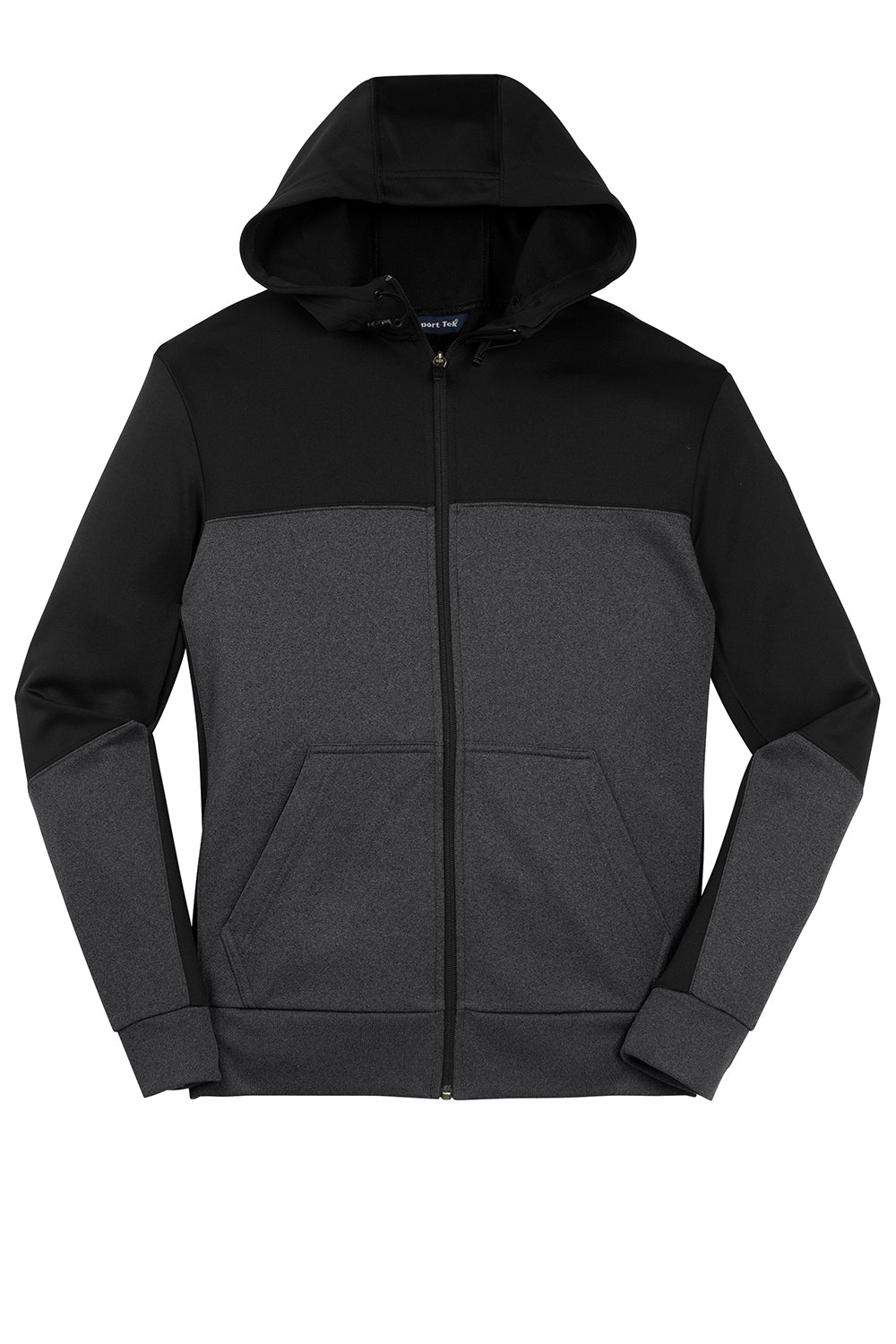 Sport-Tek ST245 Mens Moisture Wicking Full Zip Tech Fleece Hooded Jacket Black/Heather Graphite Grey Flat Front