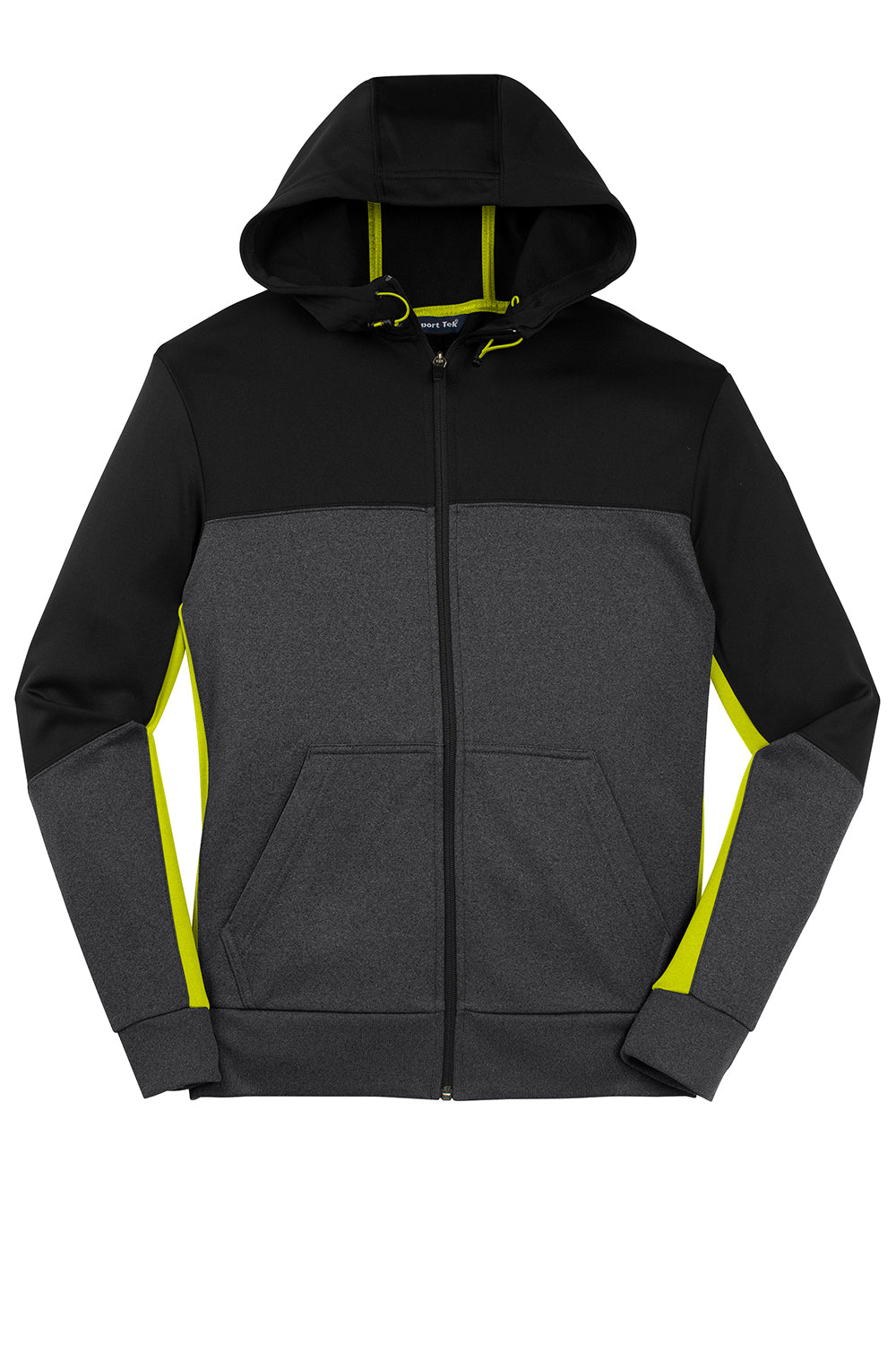 Sport-Tek ST245 Mens Moisture Wicking Full Zip Tech Fleece Hooded Jacket Black/Heather Graphite Grey/Citron Green Flat Front