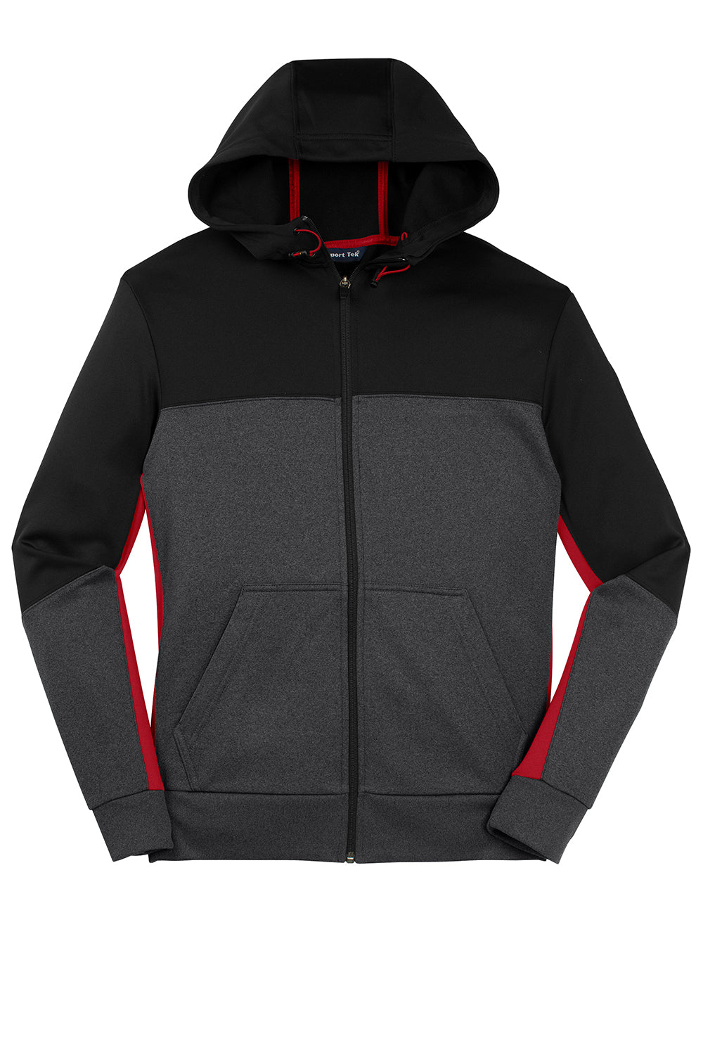 Sport-Tek ST245 Mens Moisture Wicking Full Zip Tech Fleece Hooded Jacket Black/Heather Graphite Grey/True Red Flat Front