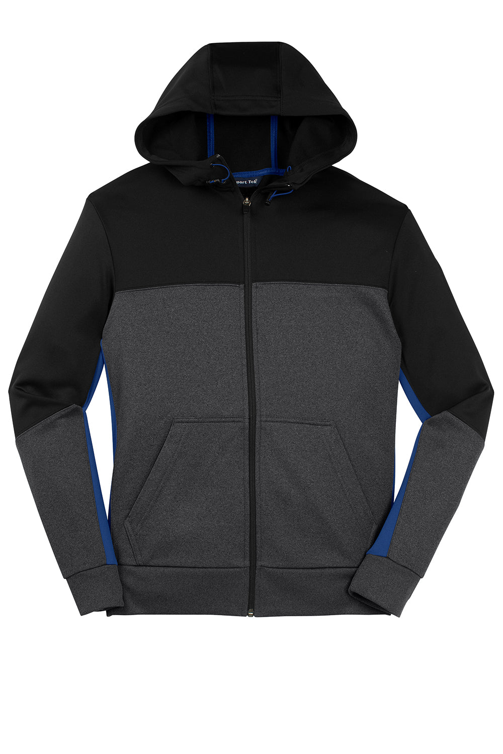 Sport-Tek ST245 Mens Moisture Wicking Full Zip Tech Fleece Hooded Jacket Black/Heather Graphite Grey/True Royal Blue Flat Front