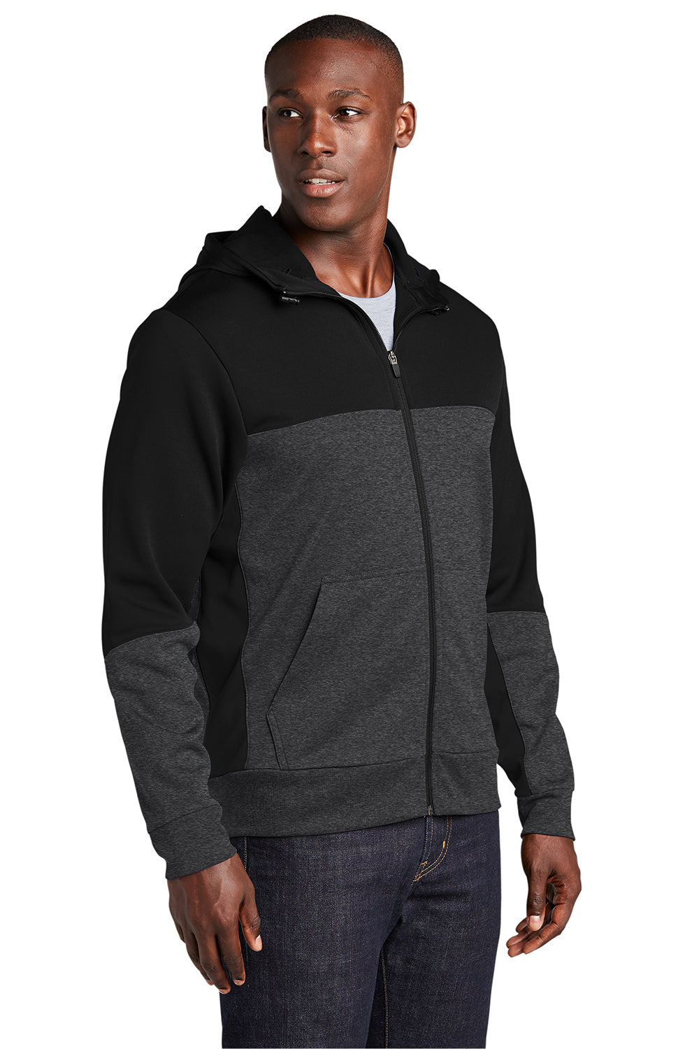 Sport-Tek ST245 Mens Moisture Wicking Full Zip Tech Fleece Hooded Jacket Black/Heather Graphite Grey Model 3q