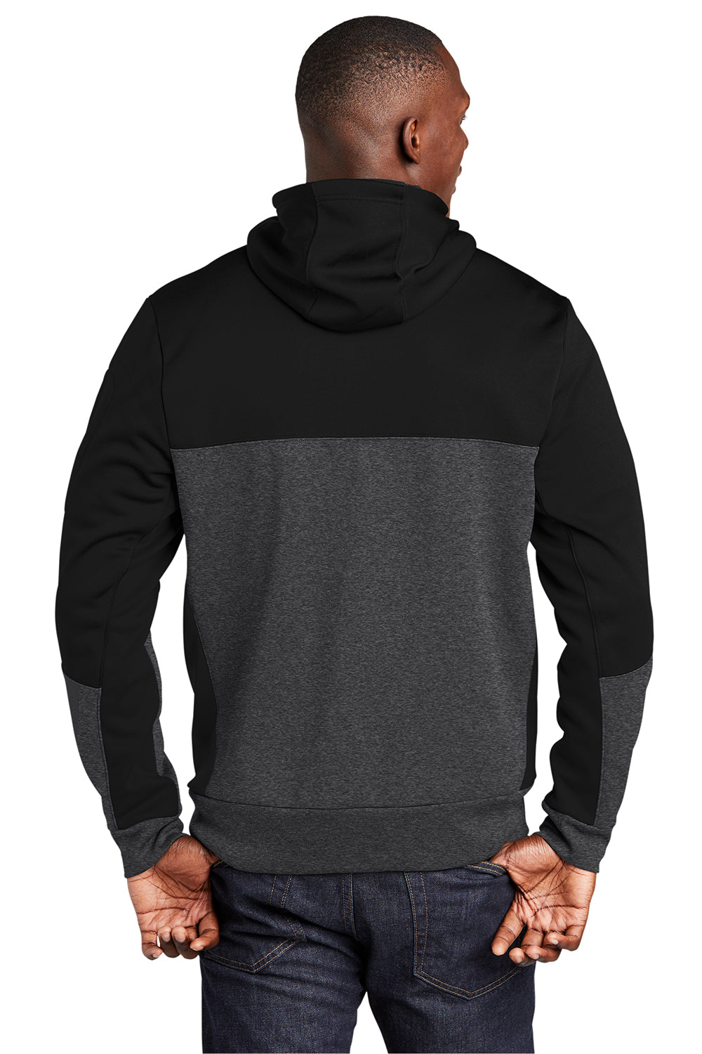 Sport-Tek ST245 Mens Moisture Wicking Full Zip Tech Fleece Hooded Jacket Black/Heather Graphite Grey Model Back