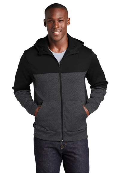 Sport-Tek ST245 Mens Moisture Wicking Full Zip Tech Fleece Hooded Jacket Black/Heather Graphite Grey Model Front