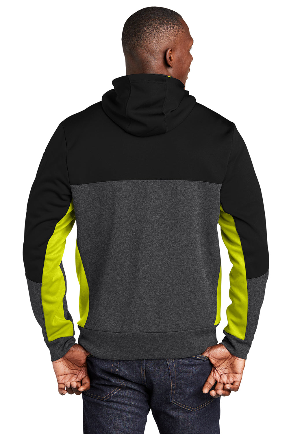 Sport-Tek ST245 Mens Moisture Wicking Full Zip Tech Fleece Hooded Jacket Black/Heather Graphite Grey/Citron Green Model Back