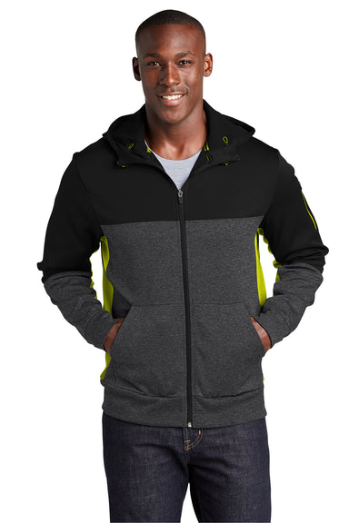 Sport-Tek ST245 Mens Moisture Wicking Full Zip Tech Fleece Hooded Jacket Black/Heather Graphite Grey/Citron Green Model Front