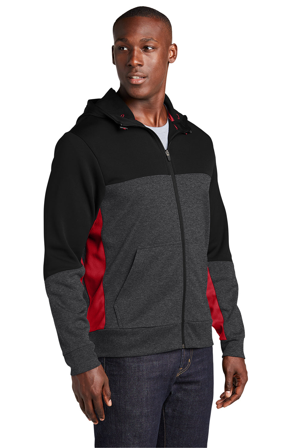 Sport-Tek ST245 Mens Moisture Wicking Full Zip Tech Fleece Hooded Jacket Black/Heather Graphite Grey/True Red Model 3q