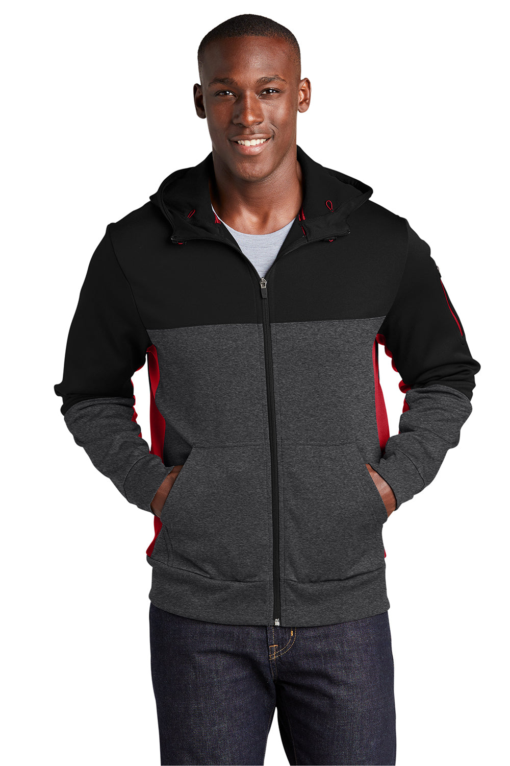 Sport-Tek ST245 Mens Moisture Wicking Full Zip Tech Fleece Hooded Jacket Black/Heather Graphite Grey/True Red Model Front