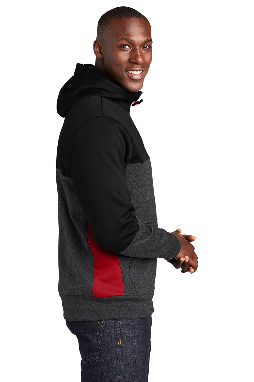 Sport-Tek ST245 Mens Moisture Wicking Full Zip Tech Fleece Hooded Jacket Black/Heather Graphite Grey/True Red Model Side