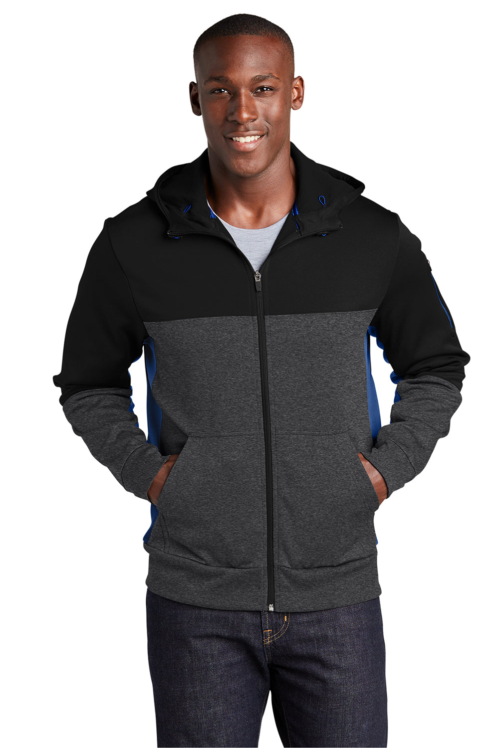 Sport-Tek ST245 Mens Moisture Wicking Full Zip Tech Fleece Hooded Jacket Black/Heather Graphite Grey/True Royal Blue Model Front