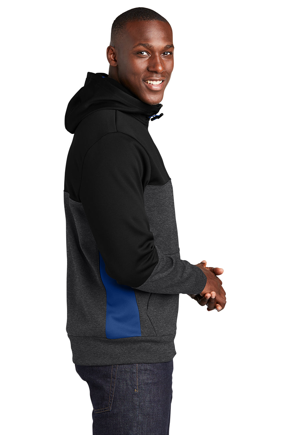 Sport-Tek ST245 Mens Moisture Wicking Full Zip Tech Fleece Hooded Jacket Black/Heather Graphite Grey/True Royal Blue Model Side