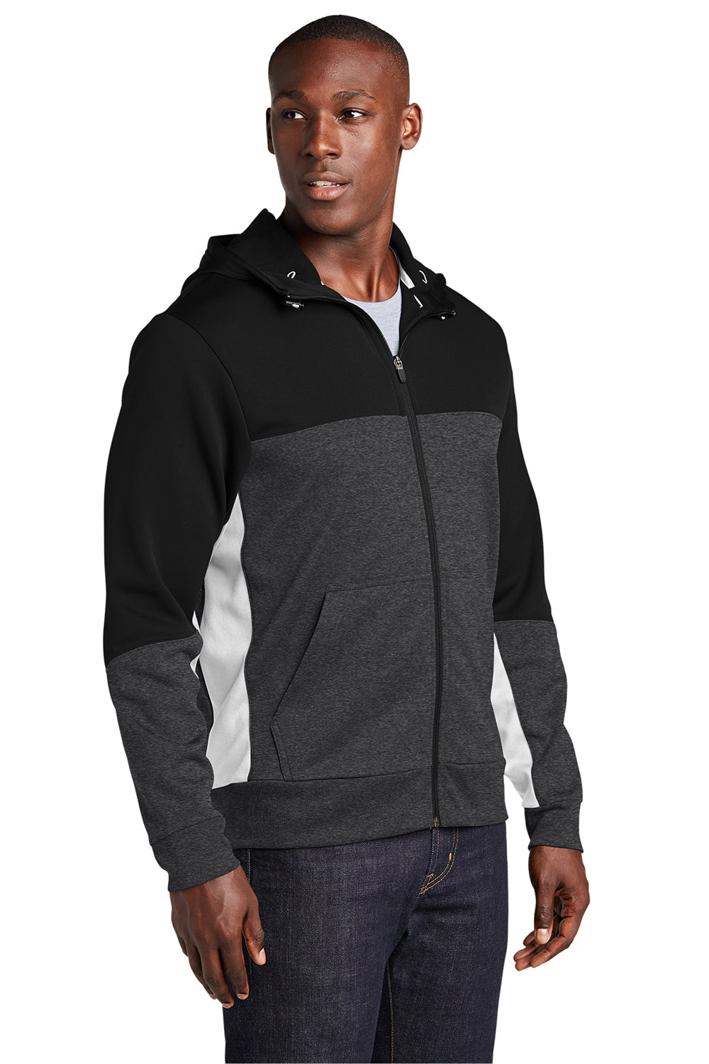 Sport-Tek ST245 Mens Moisture Wicking Full Zip Tech Fleece Hooded Jacket Black/Heather Graphite Grey/White Model 3q