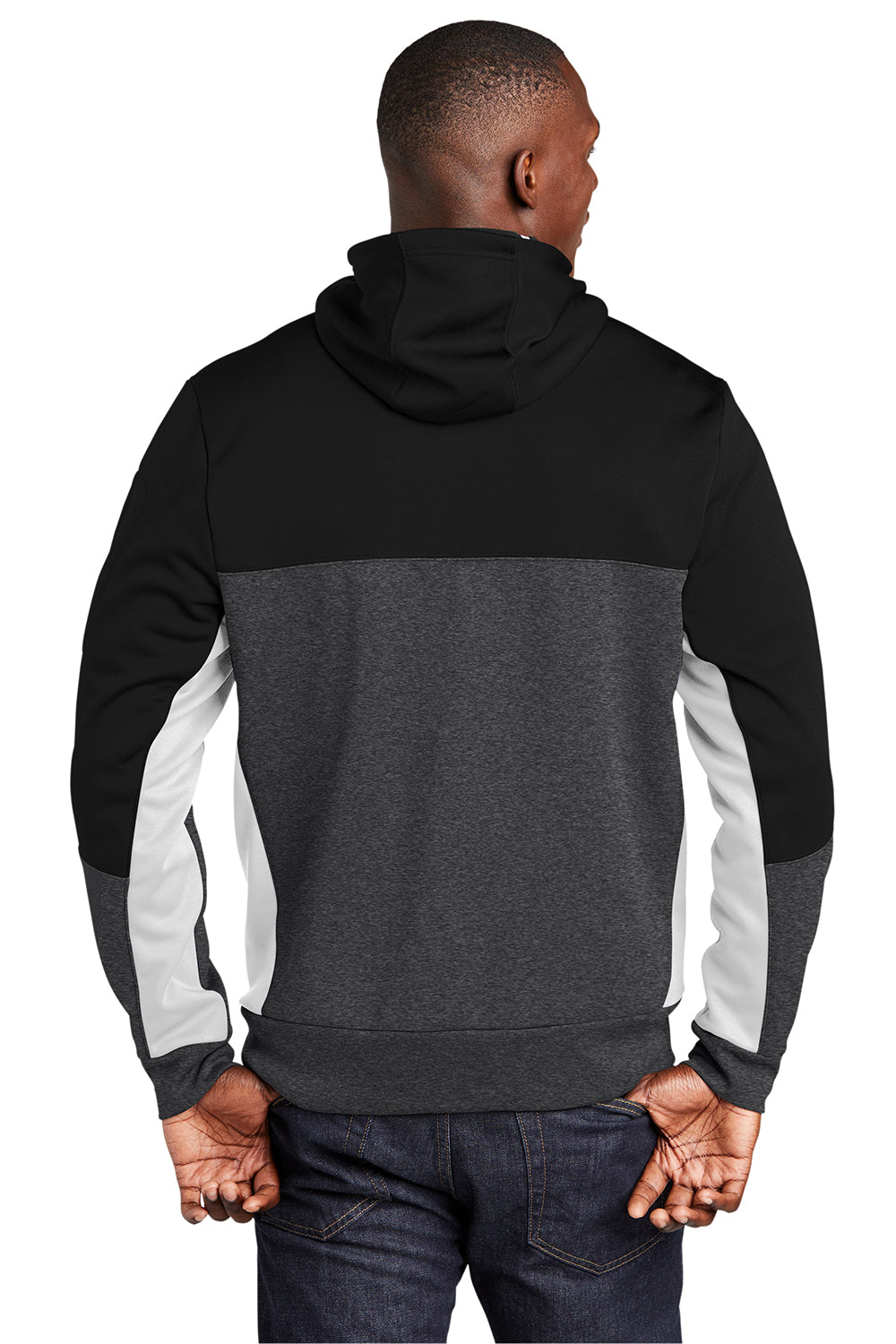 Sport-Tek ST245 Mens Moisture Wicking Full Zip Tech Fleece Hooded Jacket Black/Heather Graphite Grey/White Model Back