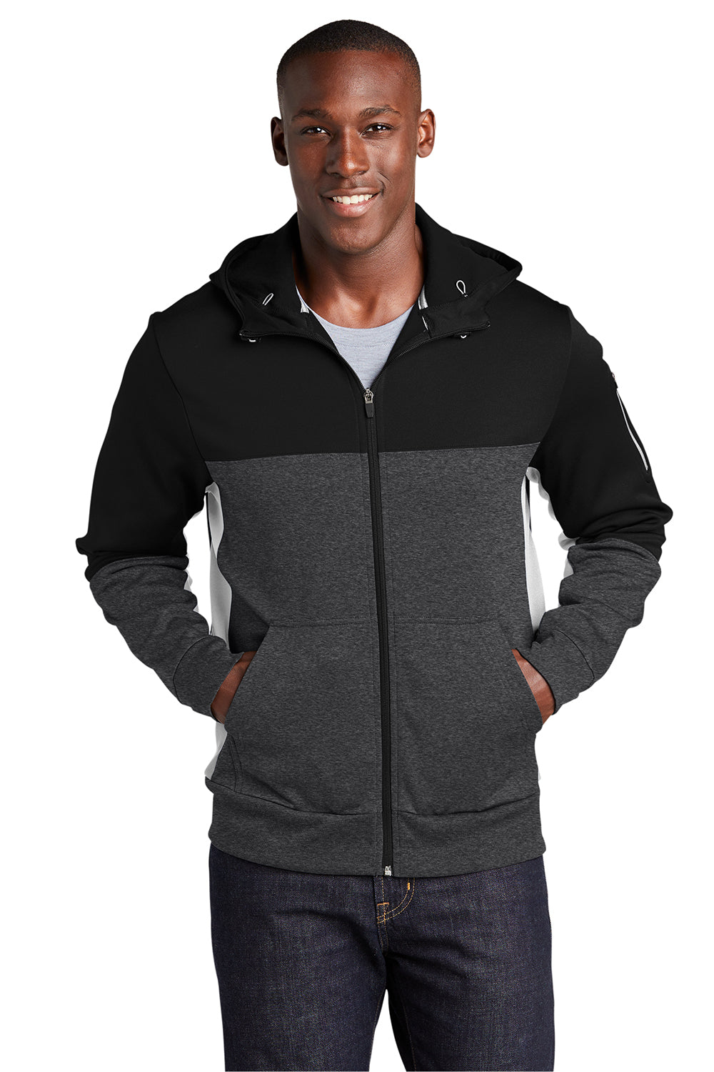 Sport-Tek ST245 Mens Moisture Wicking Full Zip Tech Fleece Hooded Jacket Black/Heather Graphite Grey/White Model Front