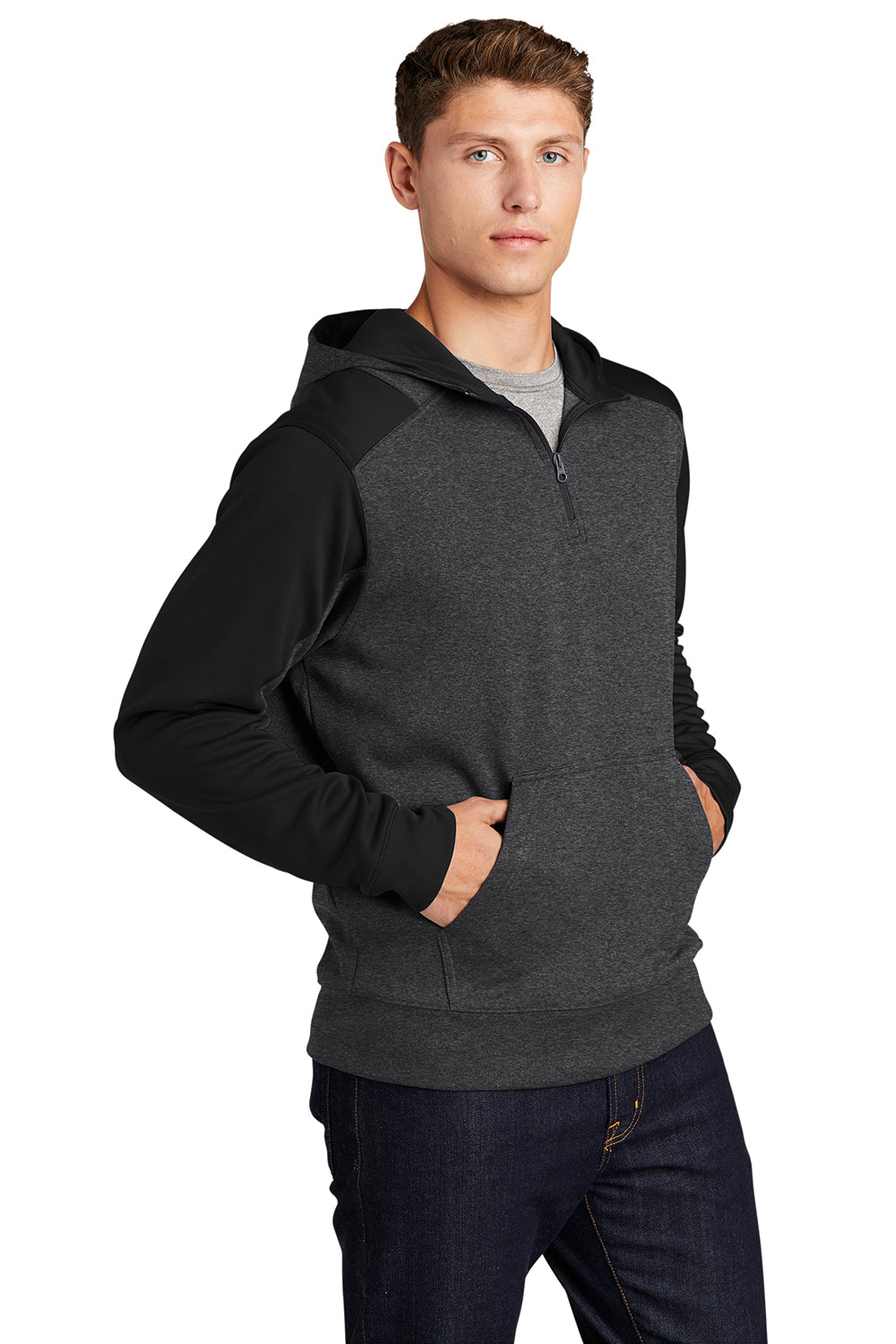 Sport-Tek ST249 Mens Tech Moisture Wicking Fleece 1/4 Zip Hooded Sweatshirt Hoodie Heather Graphite Grey/Black Model 3q