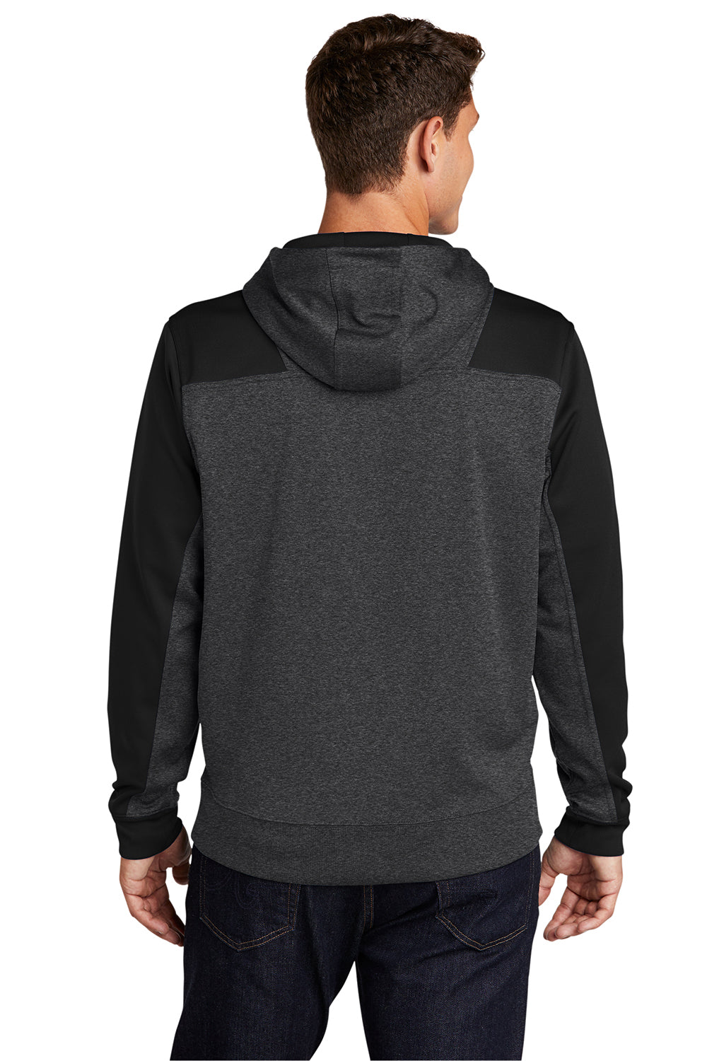 Sport-Tek ST249 Mens Tech Moisture Wicking Fleece 1/4 Zip Hooded Sweatshirt Hoodie Heather Graphite Grey/Black Model Back