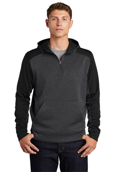 Sport-Tek ST249 Mens Tech Moisture Wicking Fleece 1/4 Zip Hooded Sweatshirt Hoodie Heather Graphite Grey/Black Model Front