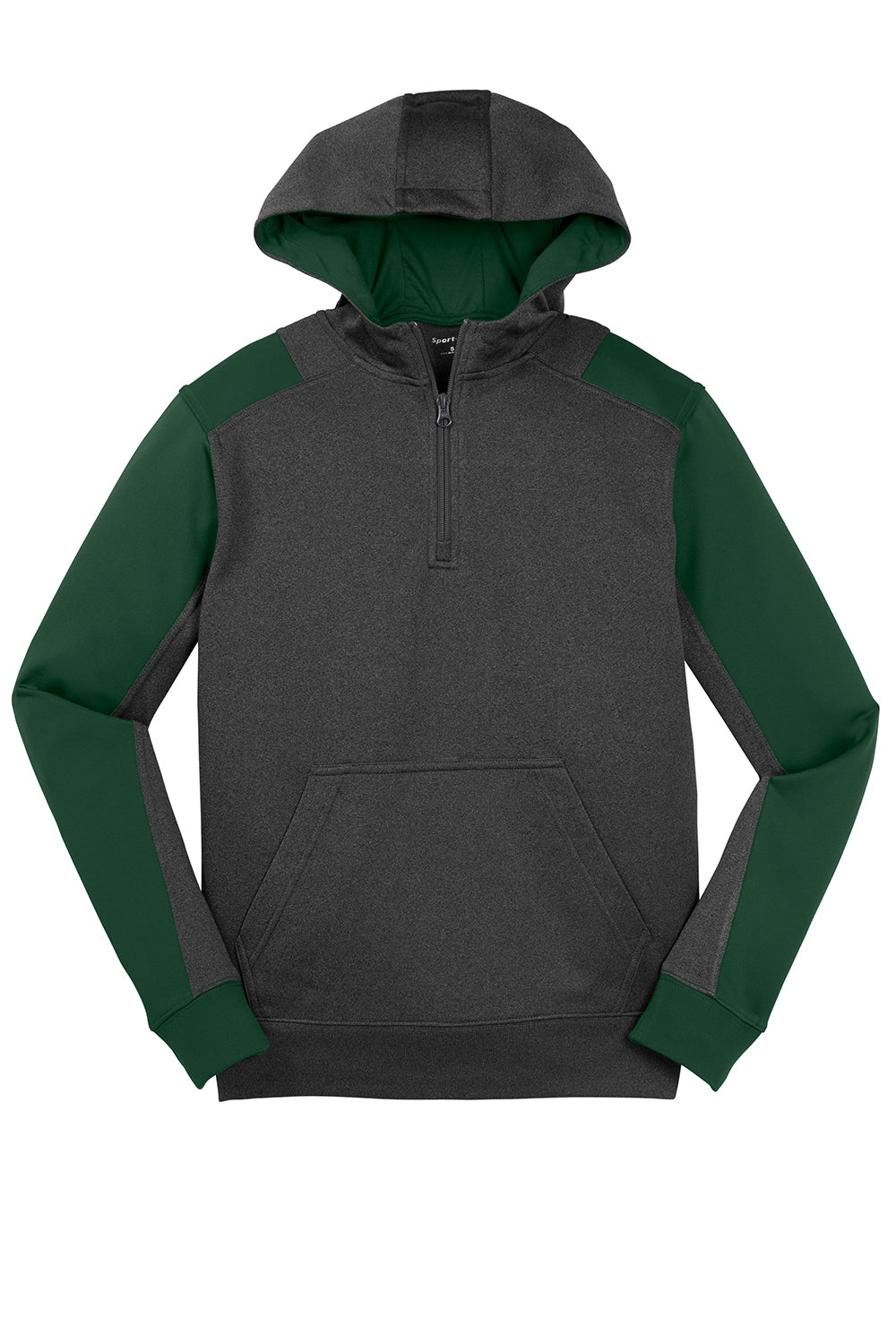 Sport-Tek ST249 Mens Tech Moisture Wicking Fleece 1/4 Zip Hooded Sweatshirt Hoodie Heather Graphite Grey/Forest Green Flat Front