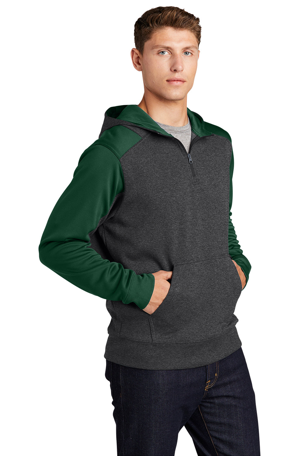 Sport-Tek ST249 Mens Tech Moisture Wicking Fleece 1/4 Zip Hooded Sweatshirt Hoodie Heather Graphite Grey/Forest Green Model 3q