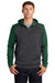 Sport-Tek ST249 Mens Tech Moisture Wicking Fleece 1/4 Zip Hooded Sweatshirt Hoodie Heather Graphite Grey/Forest Green Model Front