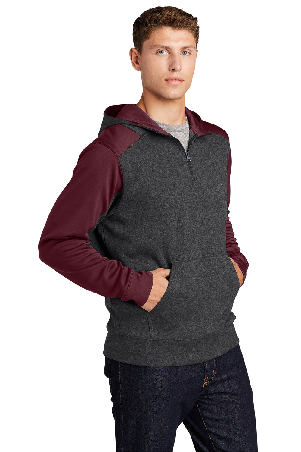 Sport-Tek ST249 Mens Tech Moisture Wicking Fleece 1/4 Zip Hooded Sweatshirt Hoodie Heather Graphite Grey/Maroon Model 3q