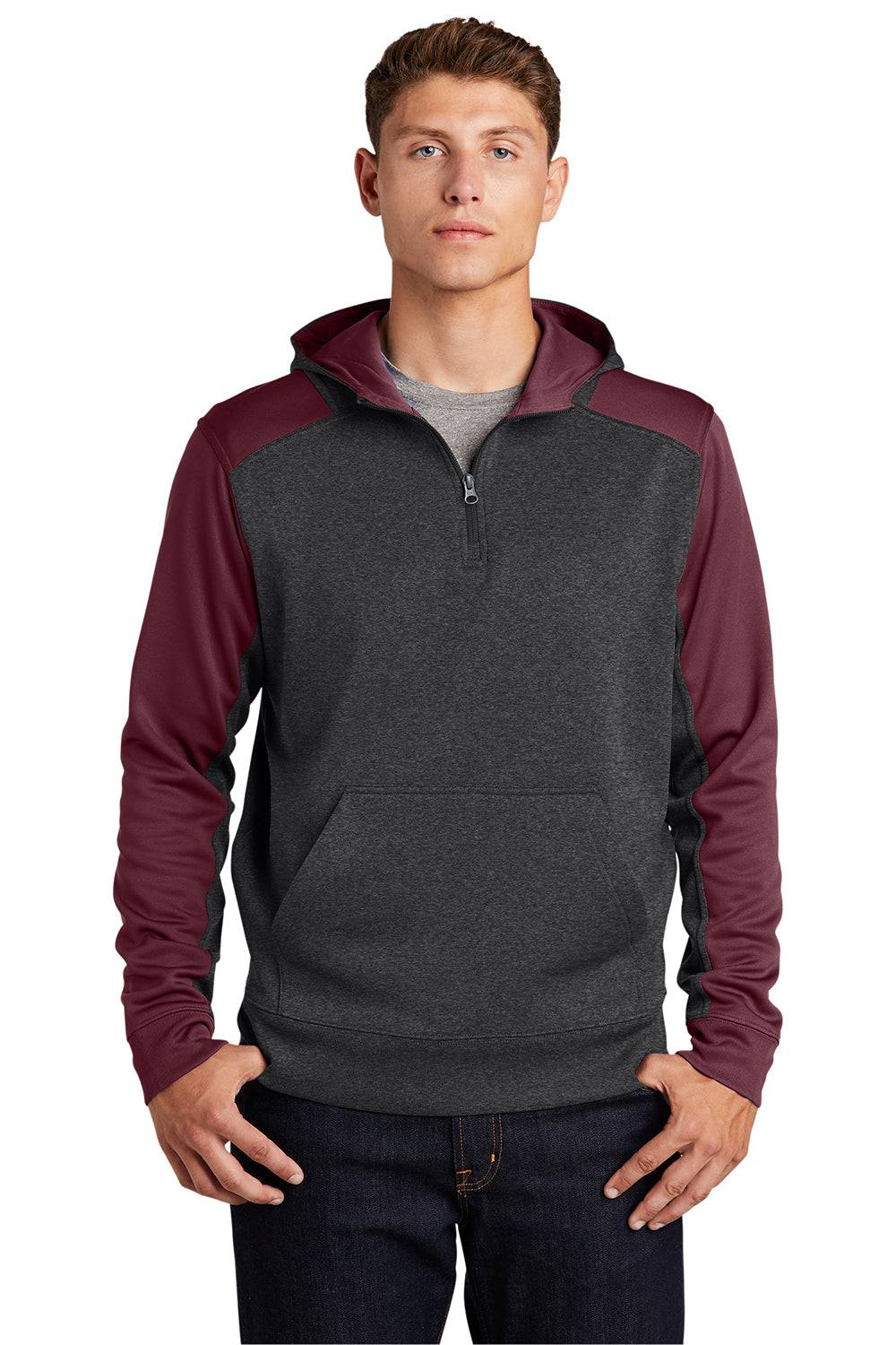 Sport-Tek ST249 Mens Tech Moisture Wicking Fleece 1/4 Zip Hooded Sweatshirt Hoodie Heather Graphite Grey/Maroon Model Front