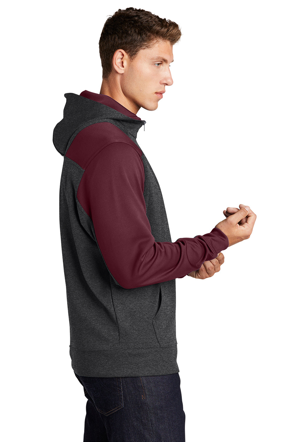 Sport-Tek ST249 Mens Tech Moisture Wicking Fleece 1/4 Zip Hooded Sweatshirt Hoodie Heather Graphite Grey/Maroon Model Side