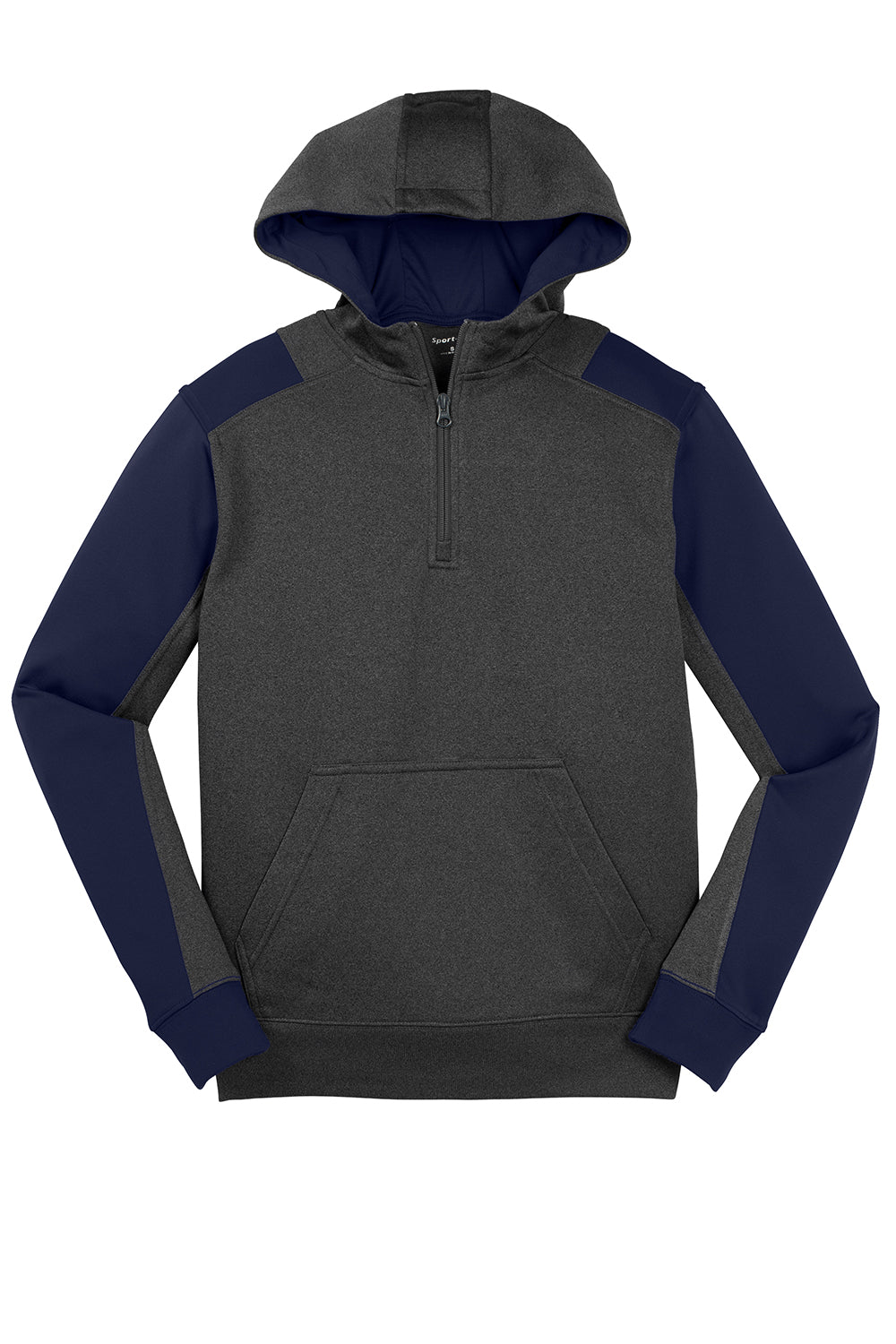 Sport-Tek ST249 Mens Tech Moisture Wicking Fleece 1/4 Zip Hooded Sweatshirt Hoodie Heather Graphite Grey/True Navy Blue Flat Front