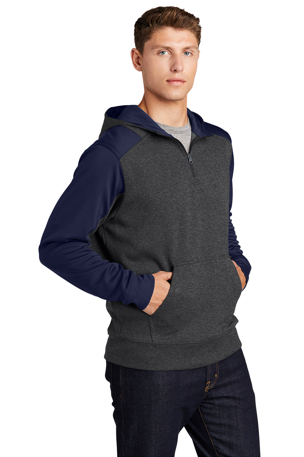 Sport-Tek ST249 Mens Tech Moisture Wicking Fleece 1/4 Zip Hooded Sweatshirt Hoodie Heather Graphite Grey/True Navy Blue Model 3q