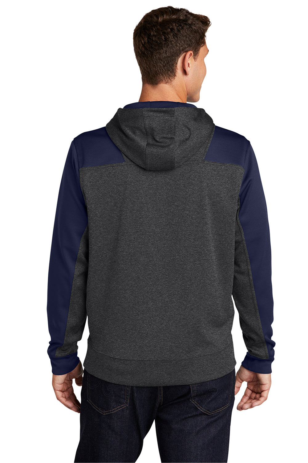 Sport-Tek ST249 Mens Tech Moisture Wicking Fleece 1/4 Zip Hooded Sweatshirt Hoodie Heather Graphite Grey/True Navy Blue Model Back