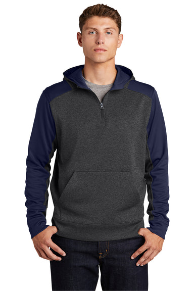 Sport-Tek ST249 Mens Tech Moisture Wicking Fleece 1/4 Zip Hooded Sweatshirt Hoodie Heather Graphite Grey/True Navy Blue Model Front