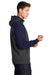 Sport-Tek ST249 Mens Tech Moisture Wicking Fleece 1/4 Zip Hooded Sweatshirt Hoodie Heather Graphite Grey/True Navy Blue Model Side