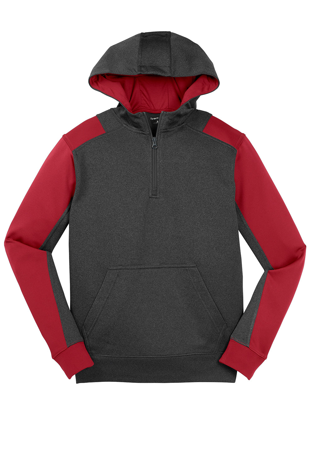 Sport-Tek ST249 Mens Tech Moisture Wicking Fleece 1/4 Zip Hooded Sweatshirt Hoodie Heather Graphite Grey/True Red Flat Front