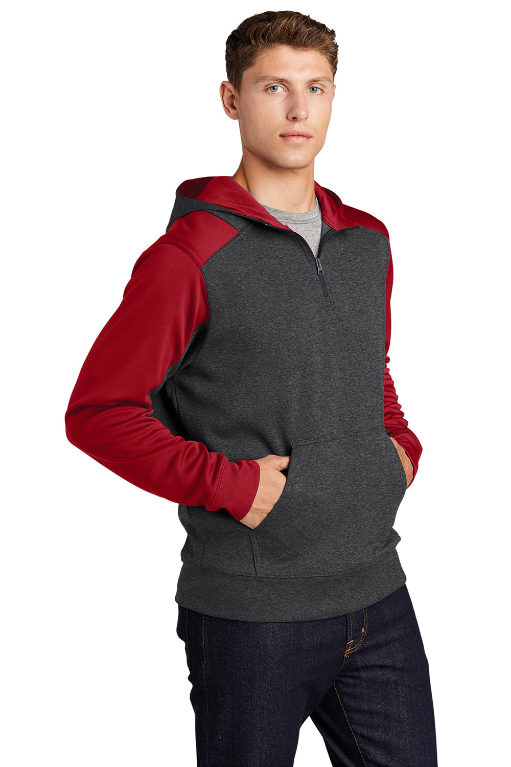 Sport-Tek ST249 Mens Tech Moisture Wicking Fleece 1/4 Zip Hooded Sweatshirt Hoodie Heather Graphite Grey/True Red Model 3q