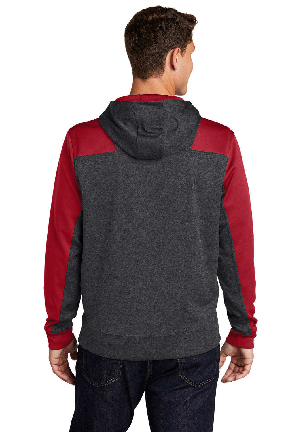 Sport-Tek ST249 Mens Tech Moisture Wicking Fleece 1/4 Zip Hooded Sweatshirt Hoodie Heather Graphite Grey/True Red Model Back