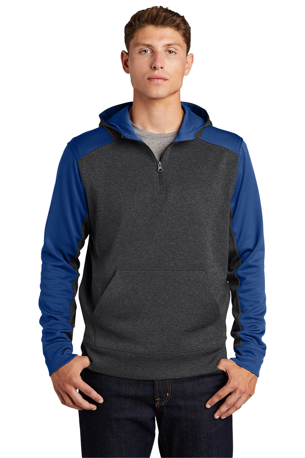 Sport-Tek ST249 Mens Tech Moisture Wicking Fleece 1/4 Zip Hooded Sweatshirt Hoodie Heather Graphite Grey/True Royal Blue Model Front