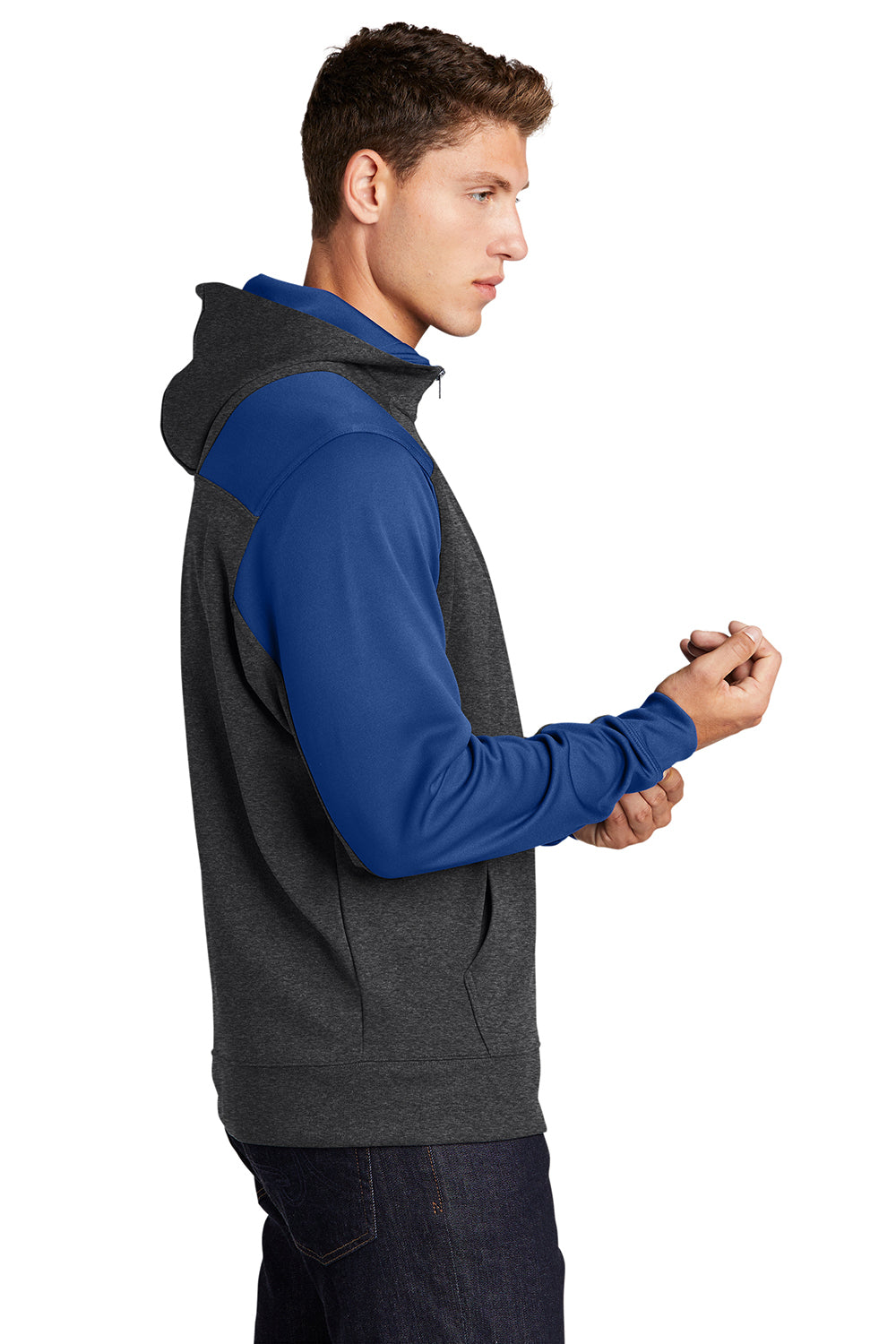 Sport-Tek ST249 Mens Tech Moisture Wicking Fleece 1/4 Zip Hooded Sweatshirt Hoodie Heather Graphite Grey/True Royal Blue Model Side