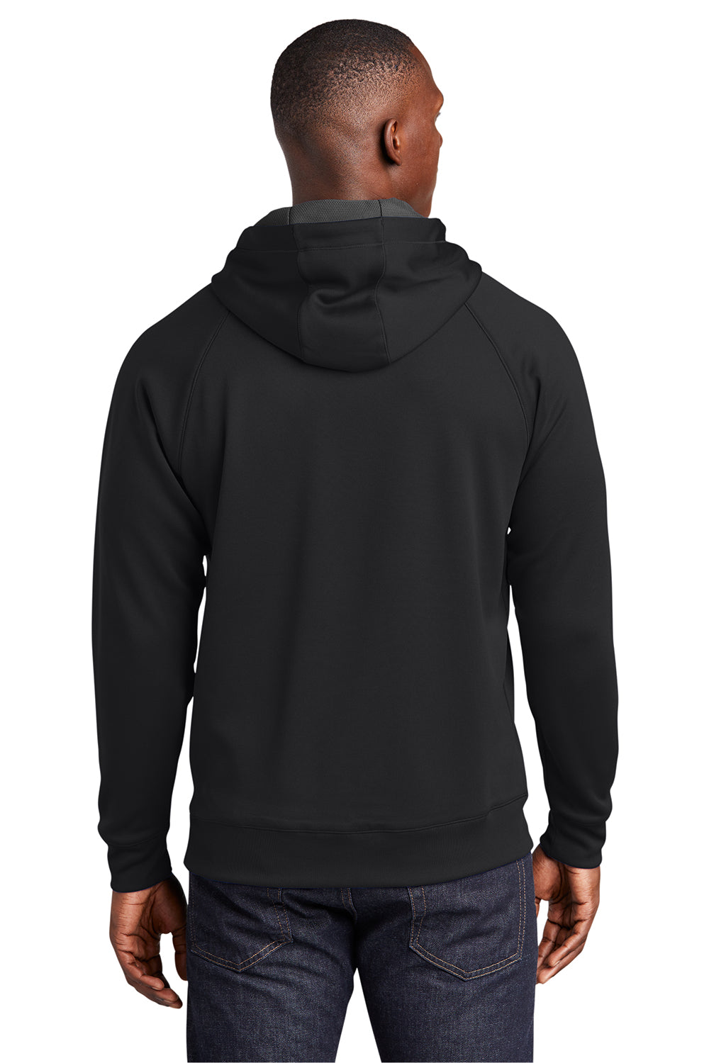 Sport-Tek ST250 Mens Tech Moisture Wicking Fleece Hooded Sweatshirt Hoodie Black Model Back