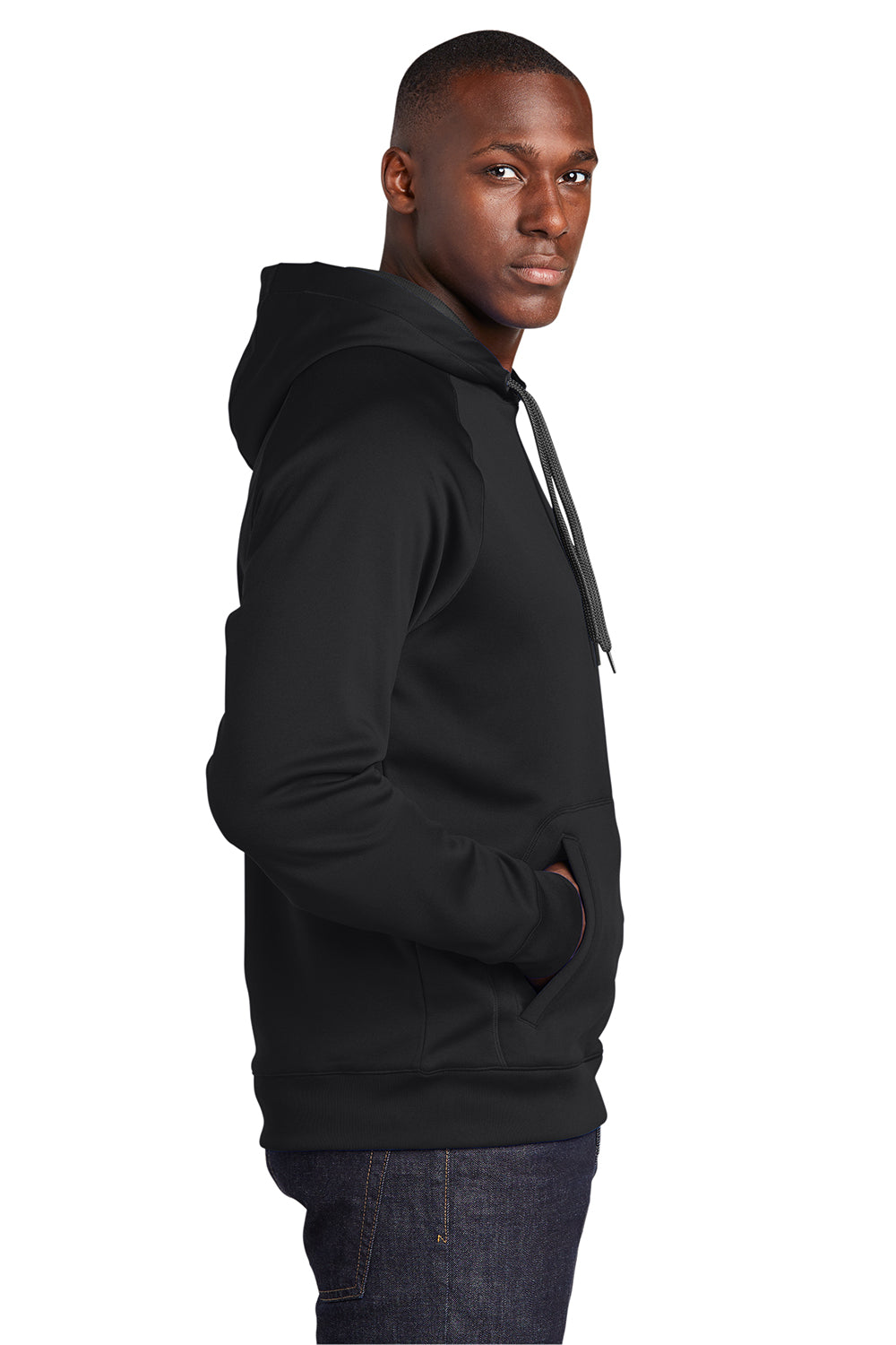 Sport-Tek ST250 Mens Tech Moisture Wicking Fleece Hooded Sweatshirt Hoodie Black Model Side