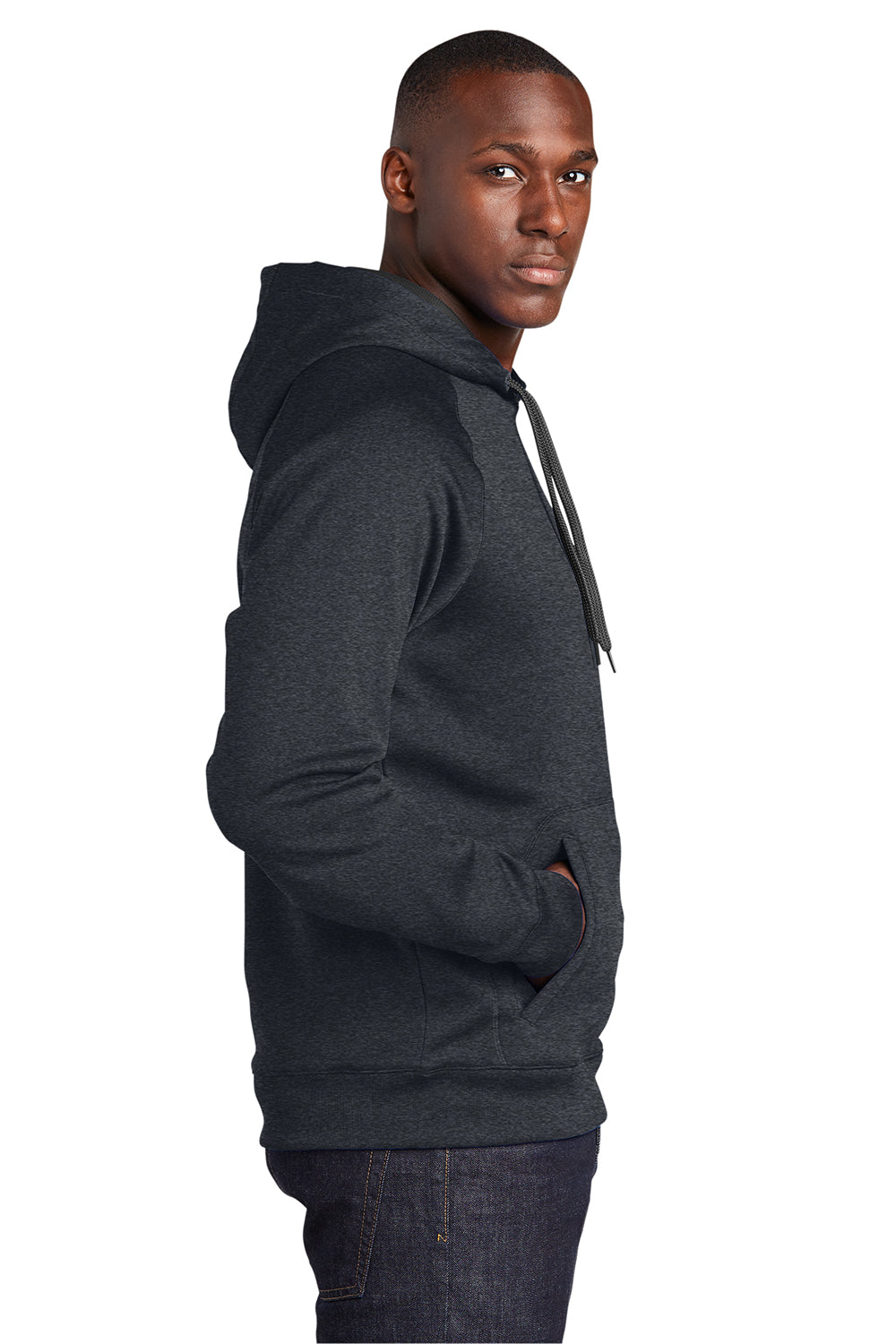 Sport-Tek ST250 Mens Tech Moisture Wicking Fleece Hooded Sweatshirt Hoodie Heather Graphite Grey Model Side