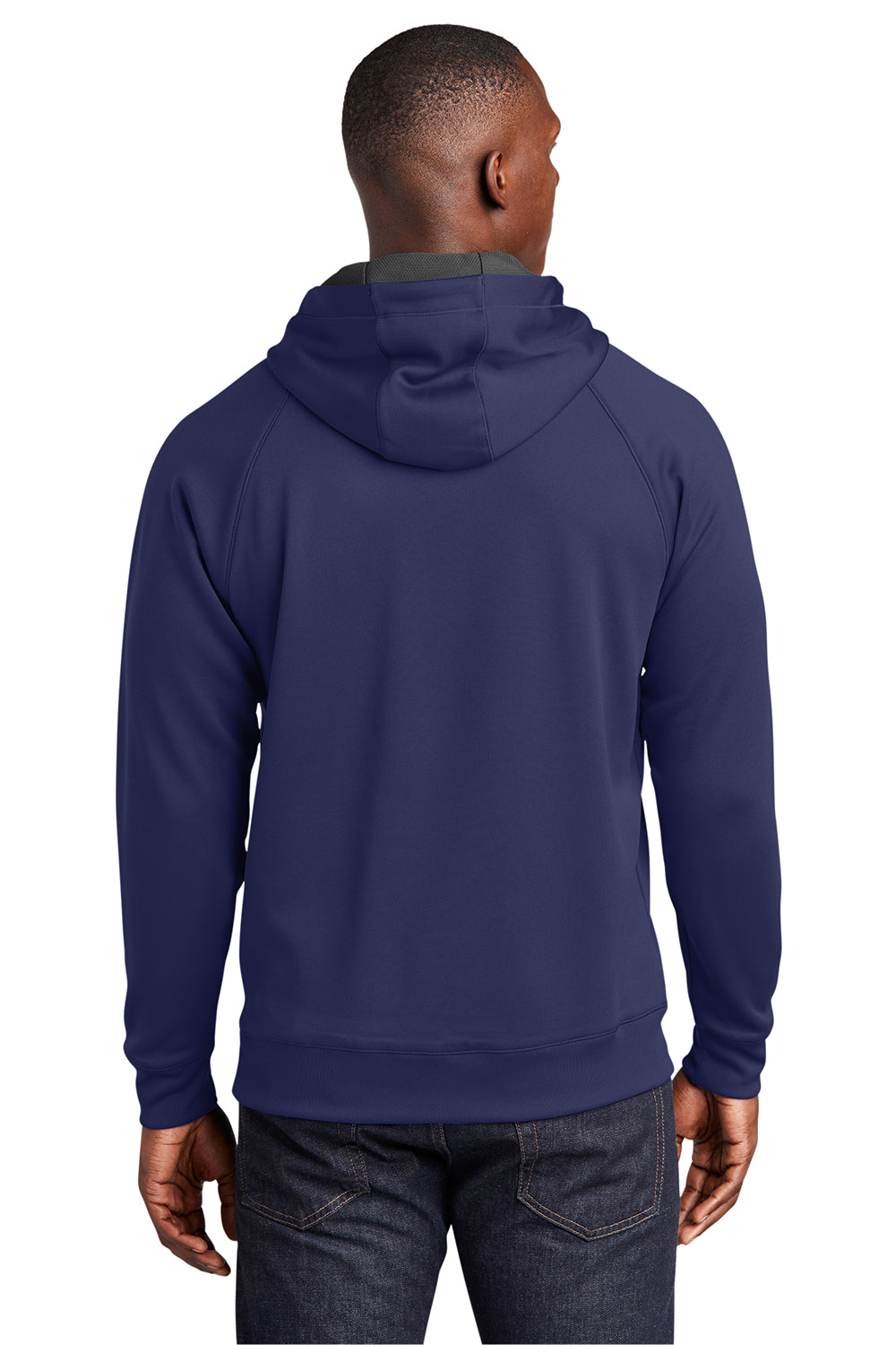 Sport-Tek ST250 Mens Tech Moisture Wicking Fleece Hooded Sweatshirt Hoodie True Navy Blue Model Back