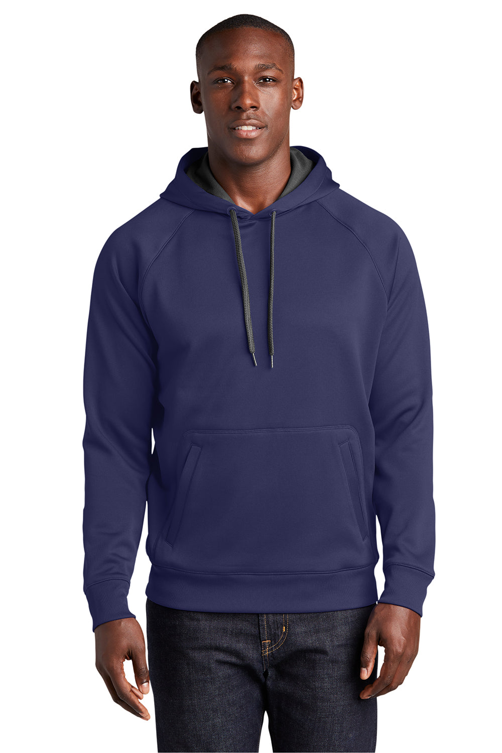 Sport-Tek ST250 Mens Tech Moisture Wicking Fleece Hooded Sweatshirt Hoodie True Navy Blue Model Front