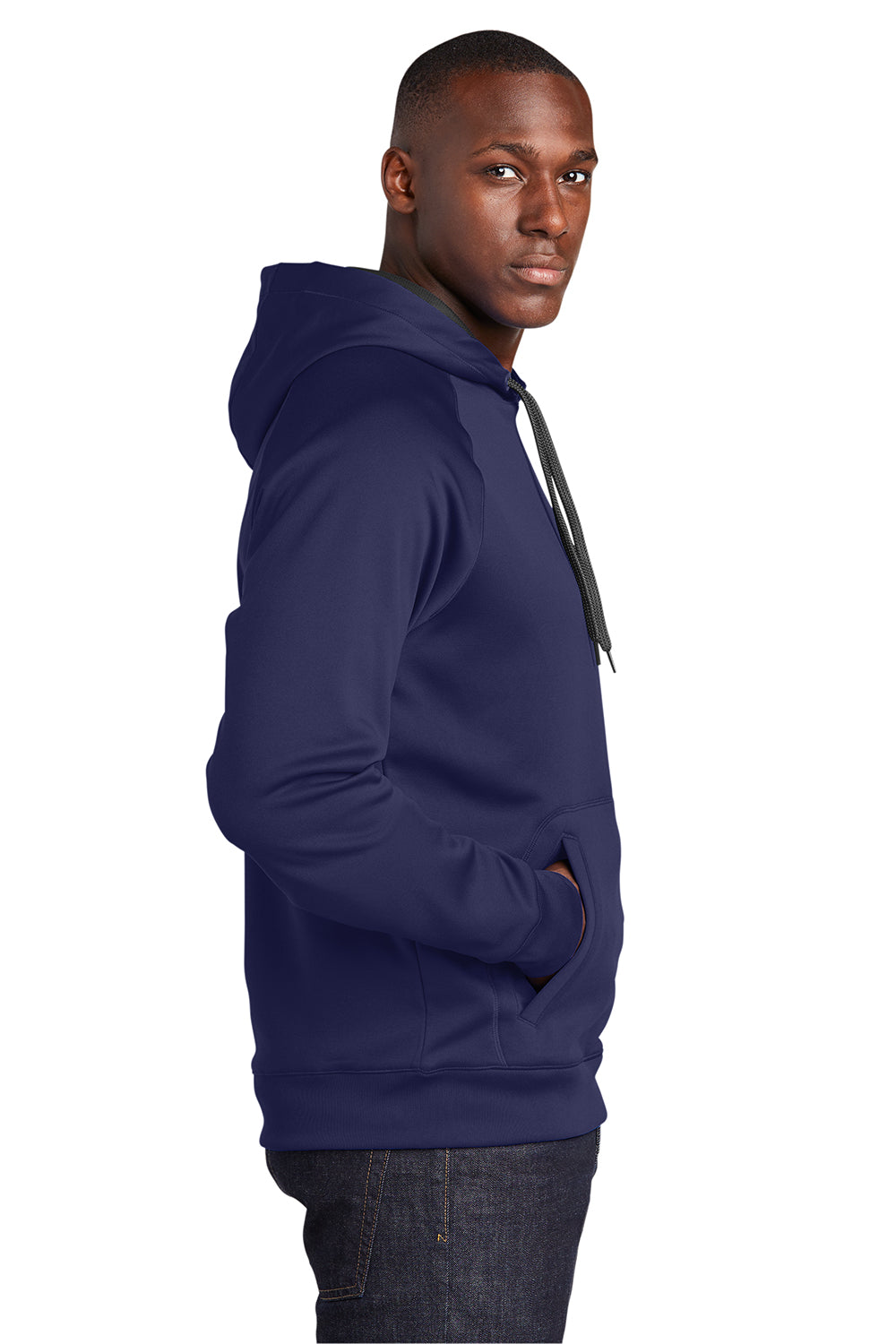 Sport-Tek ST250 Mens Tech Moisture Wicking Fleece Hooded Sweatshirt Hoodie True Navy Blue Model Side