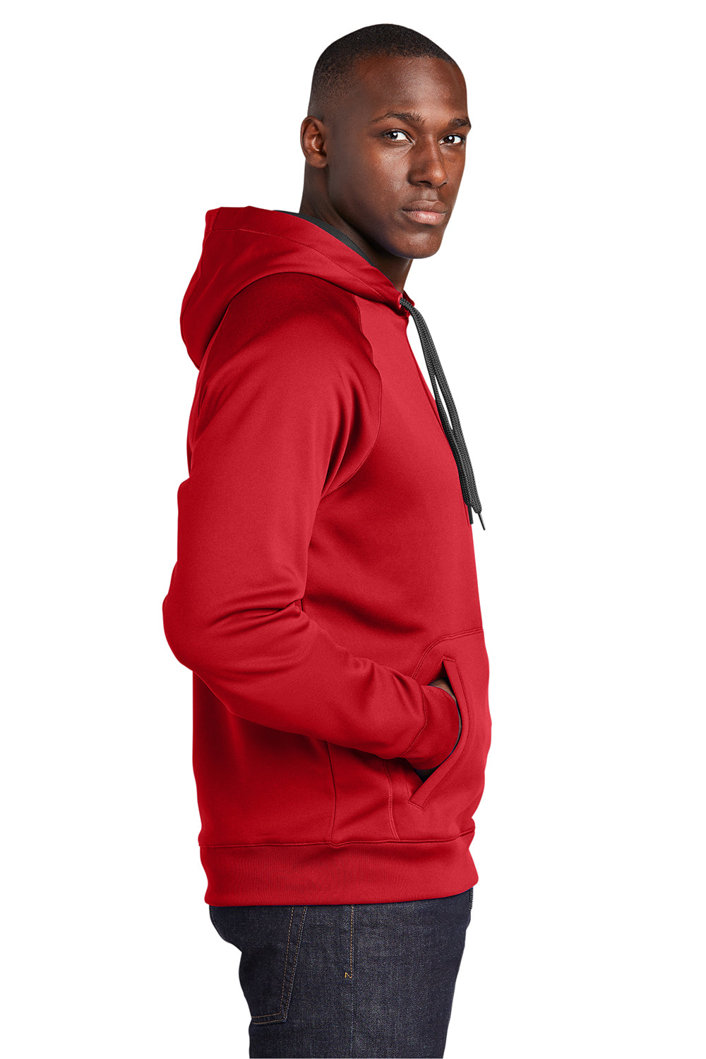 Sport-Tek ST250 Mens Tech Moisture Wicking Fleece Hooded Sweatshirt Hoodie True Red Model Side