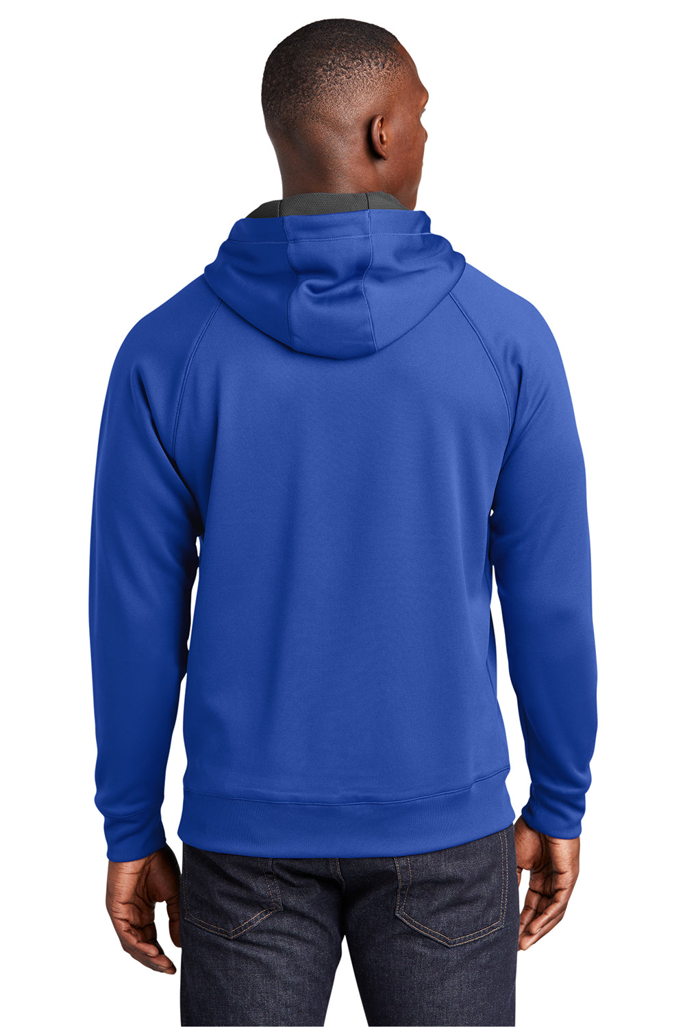 Sport-Tek ST250 Mens Tech Moisture Wicking Fleece Hooded Sweatshirt Hoodie True Royal Blue Model Back