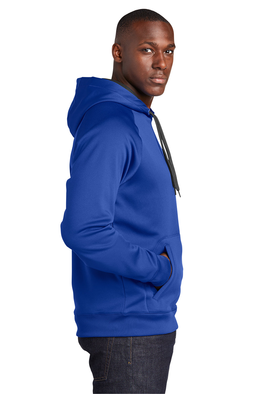 Sport-Tek ST250 Mens Tech Moisture Wicking Fleece Hooded Sweatshirt Hoodie True Royal Blue Model Side